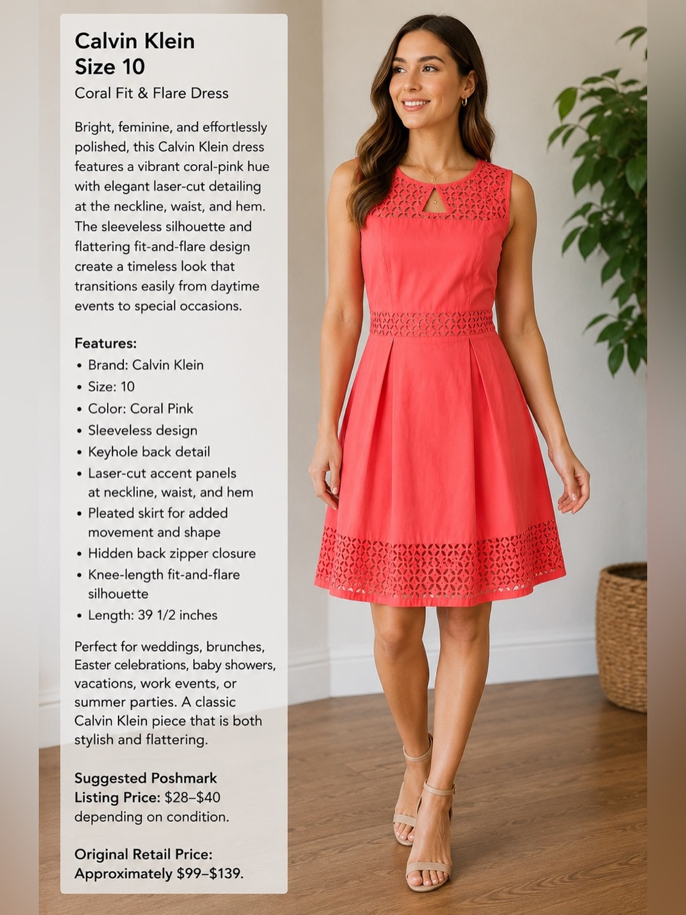 Calvin Klein Coral-Pink Sleeveless Fit & Flare Dress